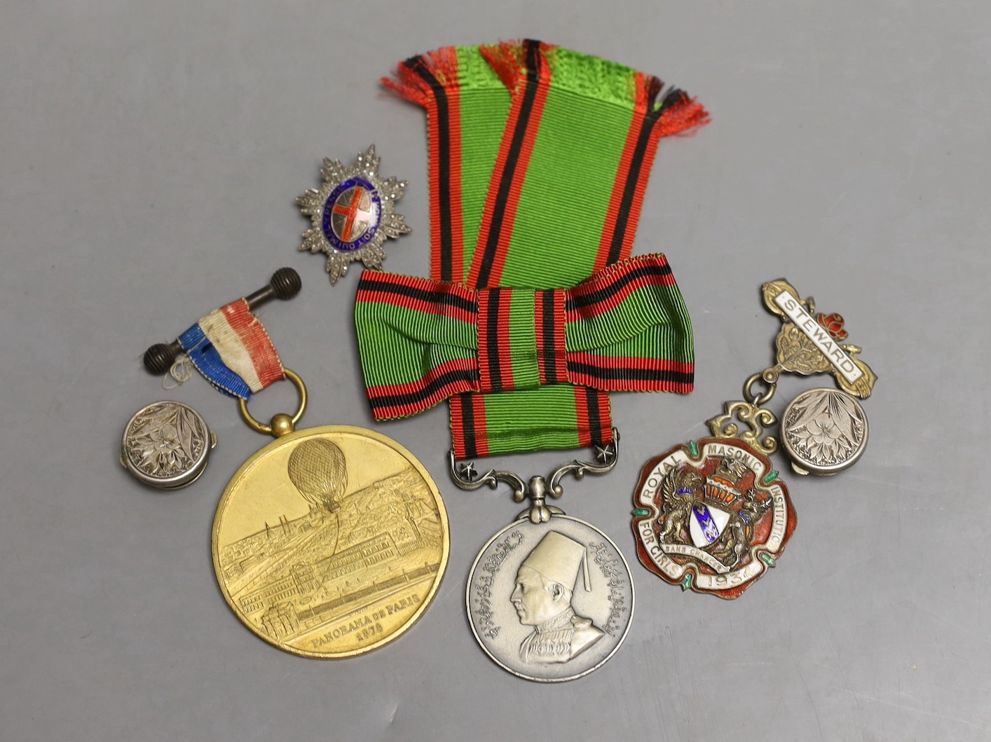 Five military badges and medals and buttons